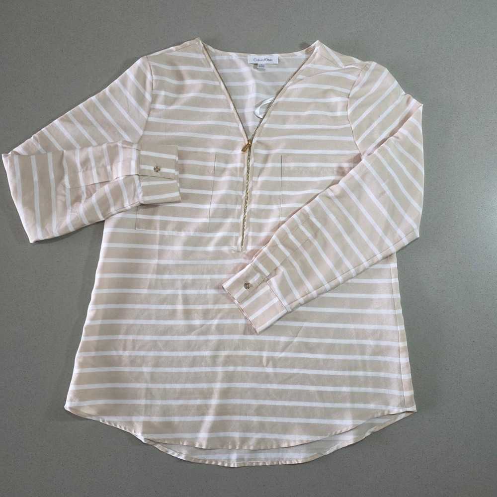 Calvin Klein Tan White Striped Zip Front Roll Tab Sleeve Blouse Small E-0285